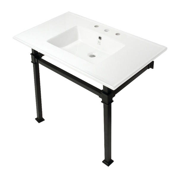 Kingston Brass KVPB37228Q0 37-Inch Console Sink with Stainless Steel Legs (8-Inch, 3 Hole), White/Matte Black KVPB37228Q0 - main